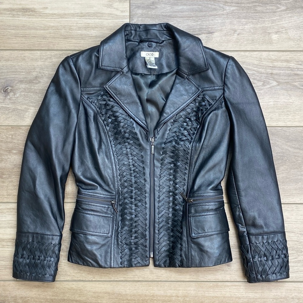 Cache Black Braided Leather Blazer Jacket